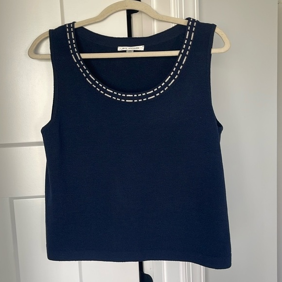 St. John Tops - St. John Blue Sleeveless Wool Knit White Trim Tank Top